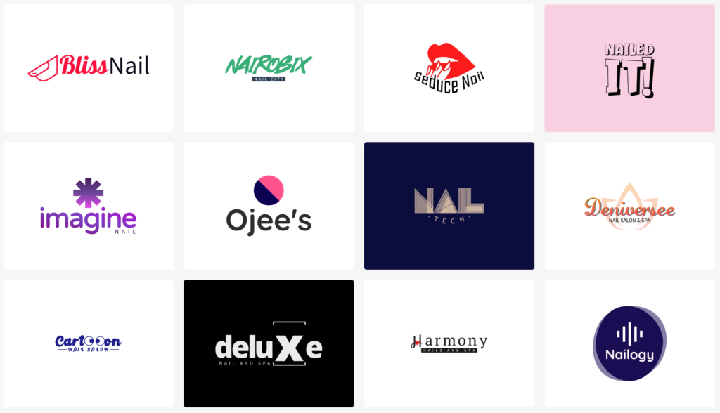 A thumbnail view of logo design samples created using an AI logo generator website logomakerr.ai