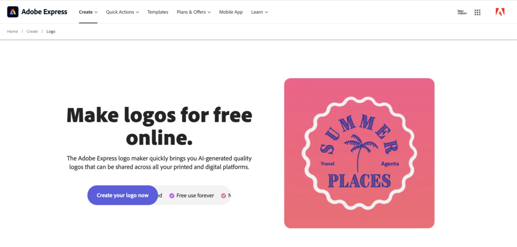 Free online logo maker page of the Adobe Express website.