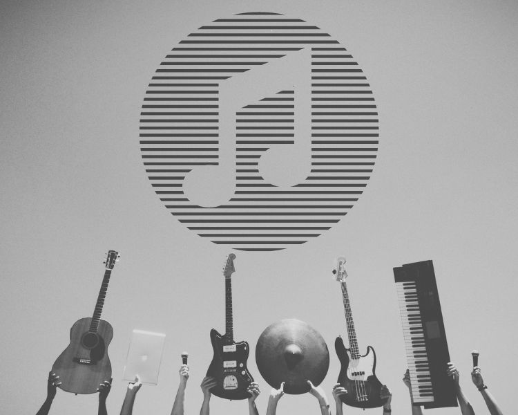black and white image of musical instruments at the bottom with the 'music' logo above