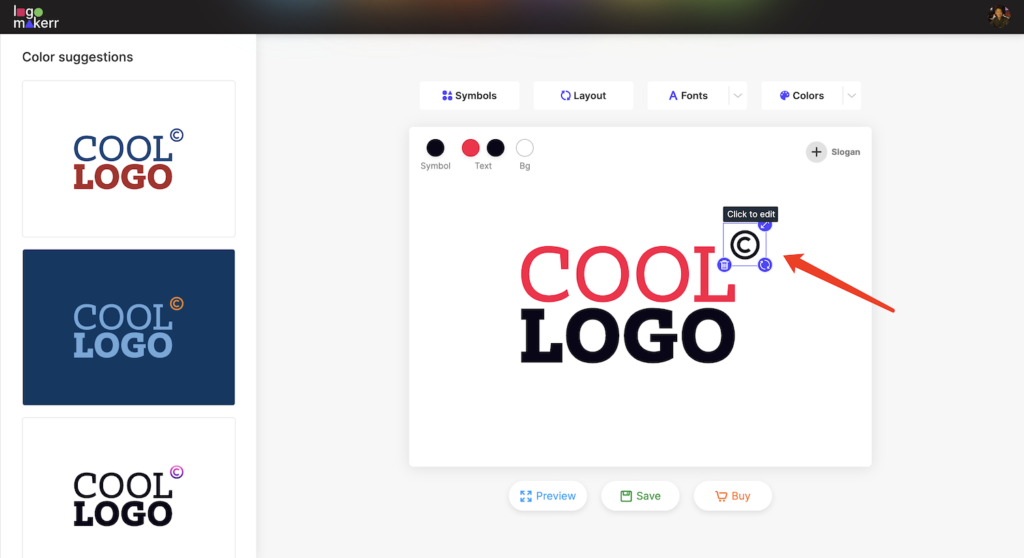 inserting a "copyright" symbol in a trademark logo on logomakerr.ai