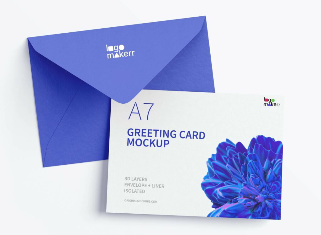 A sample of a blue and white greeting card mockup of an AI logo generator website logomakerr.ai