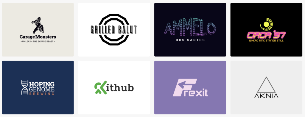 thumbnail view of eight fun logos created by an ai logo generator, logomakerr