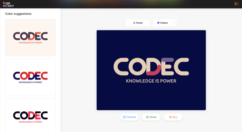 codec brand on the customization dashboard or logo editor page of logomakerr