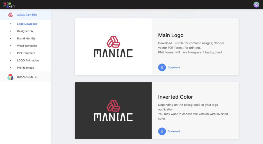 A logo download dashboard page of an AI logo generator website logomakerr.ai showcasing a logo design for a brand called maniac.