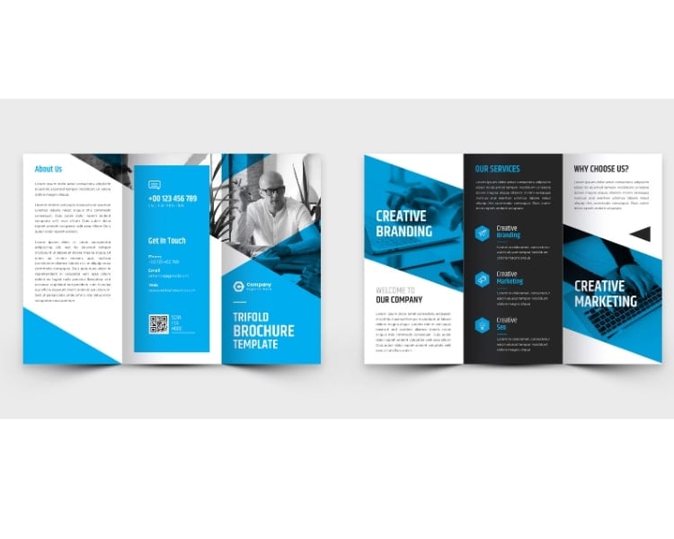 A sample trifold brochure mockup about creative marketing with colors blue, white, and black - one of the marketing materials