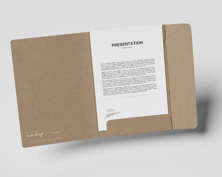 A mockup sample of a presentation letter with a signature inside an opened brown folder. 