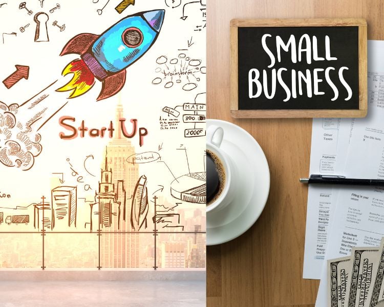 A side-by-side photo comparison of an illustration of a start-up and a small business.