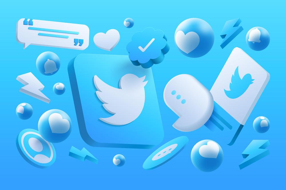 Random twitter logo mockups and other twitter symbols on blue background