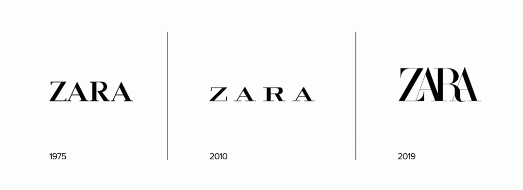 Zara logo history fro, 1975 to 2019