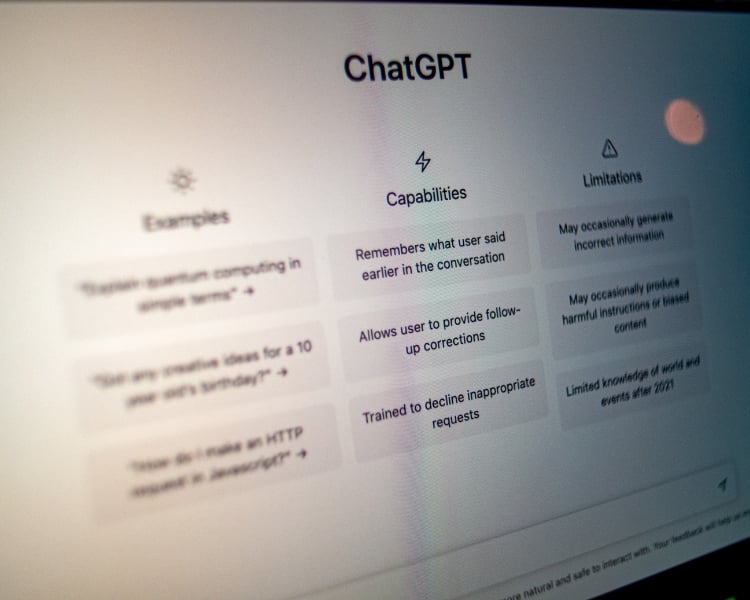 The homepage of the language model-based chatbot developed by OpenAI, ChatGPT, on a computer screen.