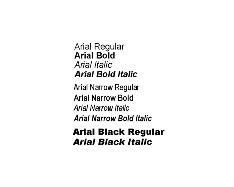 Four primary different samples of types of Arial fonts: regular, bold, italic, and bold italic on a white background.