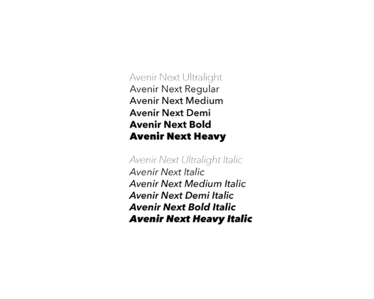 Different thickness samples of Avenir Font, from ultralight to heavy, with italic and regular options. Here are some samples on a white background.