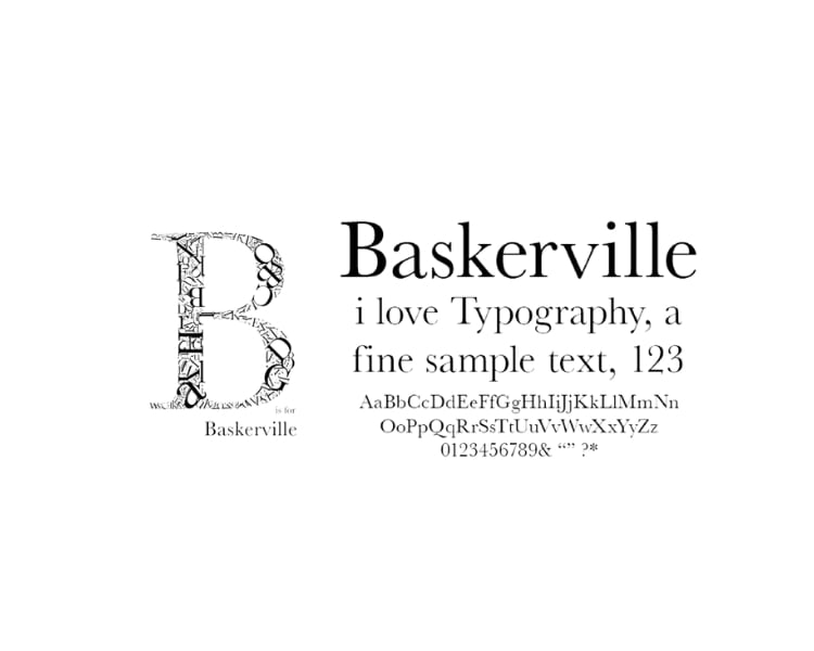 A sample of Baskerville font using all the alphabet in upper and lower cases, numbers, and symbols.