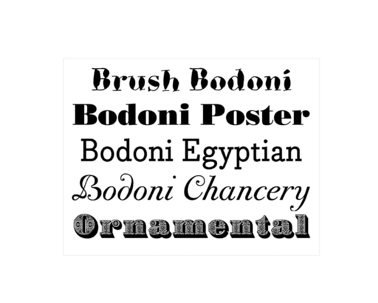 A sample of different types of black Bodoni fonts in a white background.
