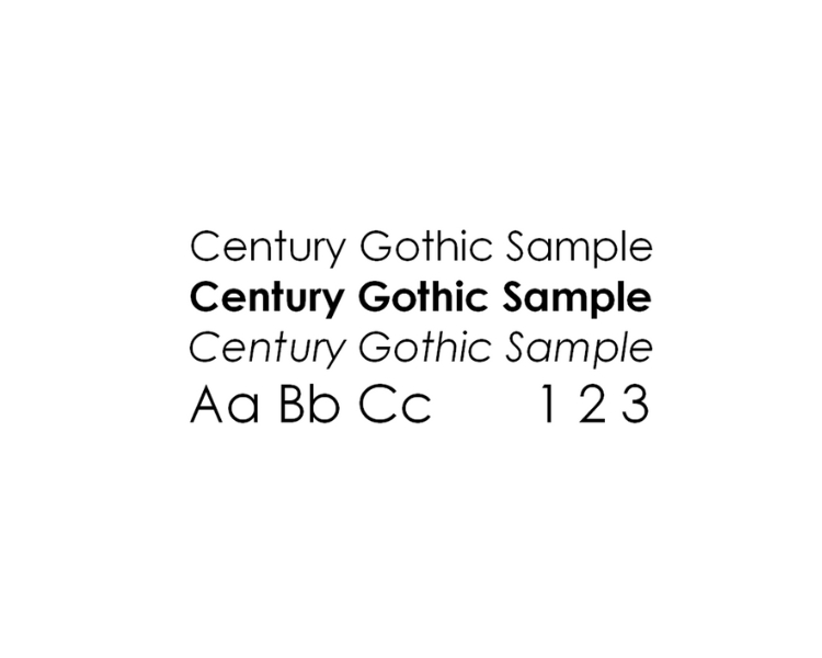 The sample of the Century Gothic font through letters in upper and lower cases and numbers on a white background.