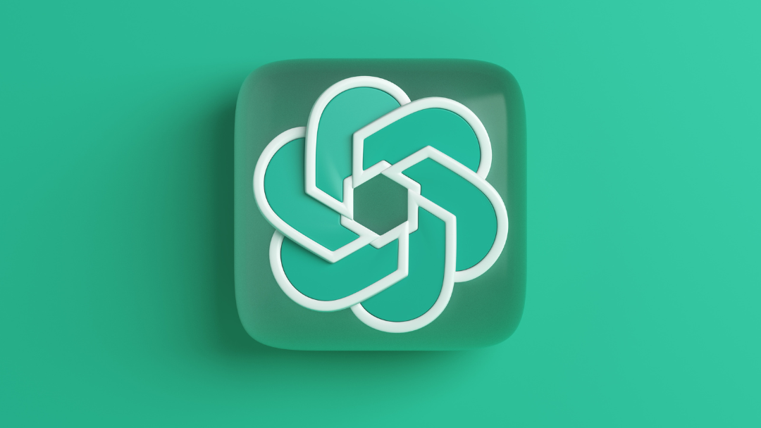 An illustration of the ChatGPT logo design from OpenAI is on a square emblem with a green background - one of the best types of logos