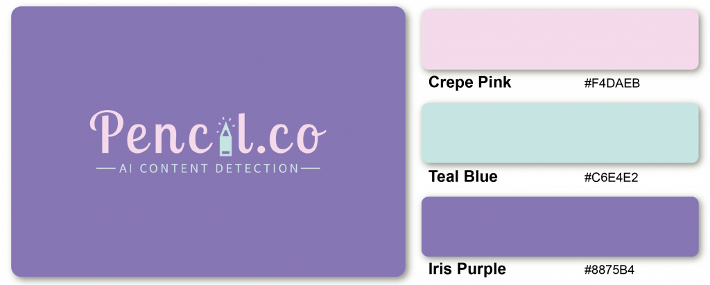 Sample of Crepe Pink, Teal Blue, and Iris Purple colored logo design for an AI content detection brand.