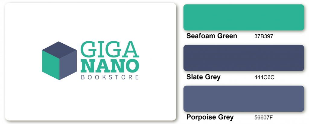 Sample of Seafoam Green, Slate Grey, and Porpoise Grey colored logo design for a bookstore brand.
