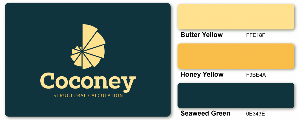 Sample of Butter Yellow, Honey Yellow, and Seaweed Green colored logo design for a structural calculation company.