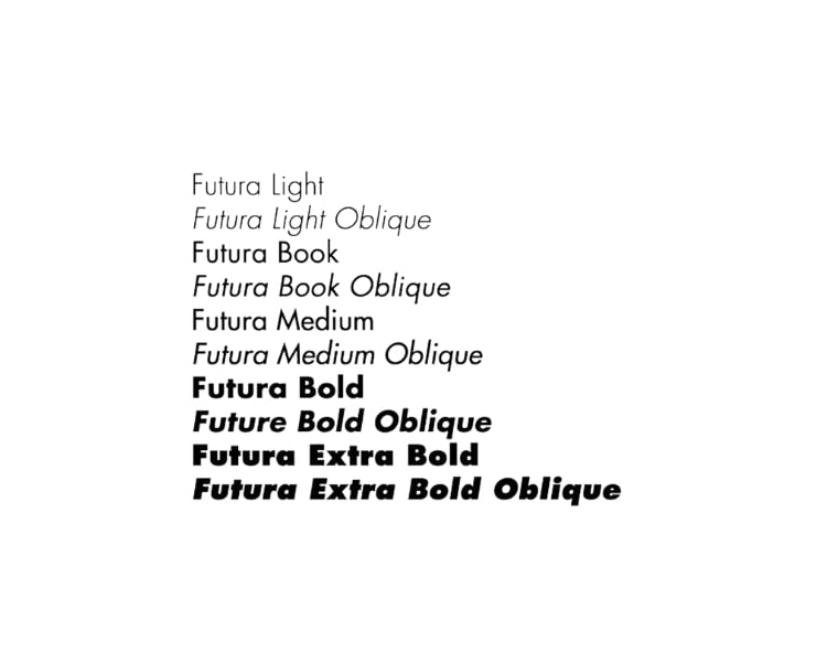 Different types of Futura font samples from light to bold oblique in white background.