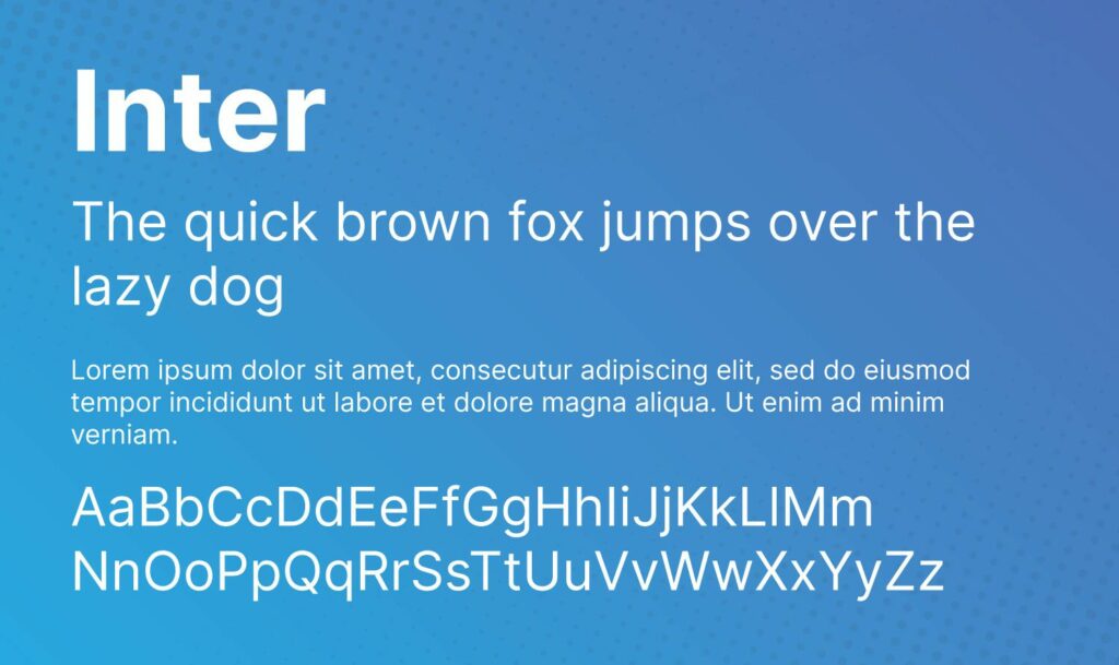 A different sample of inter font in a mode of sentence and alphabet on a blue background.