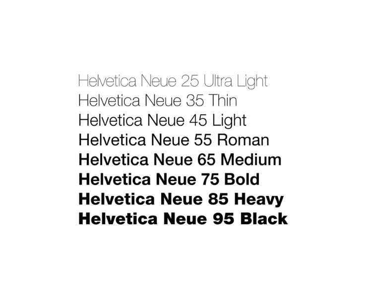 Different thicknesses of Helvetica font samples from ultra-light to black in white background.