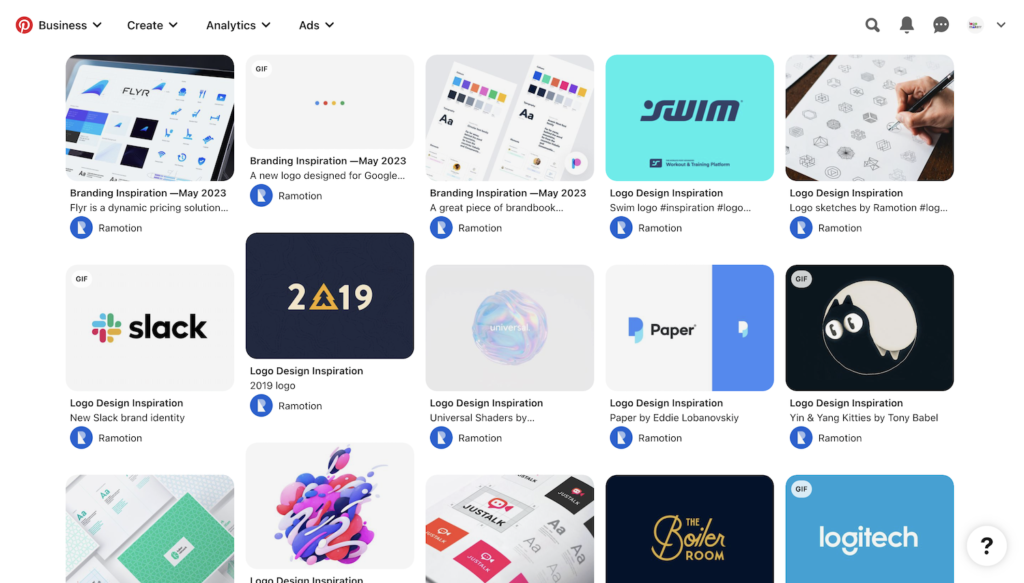 A thumbnail view of different logo inspirations and mockups on an image sharing and social media website pinterest.