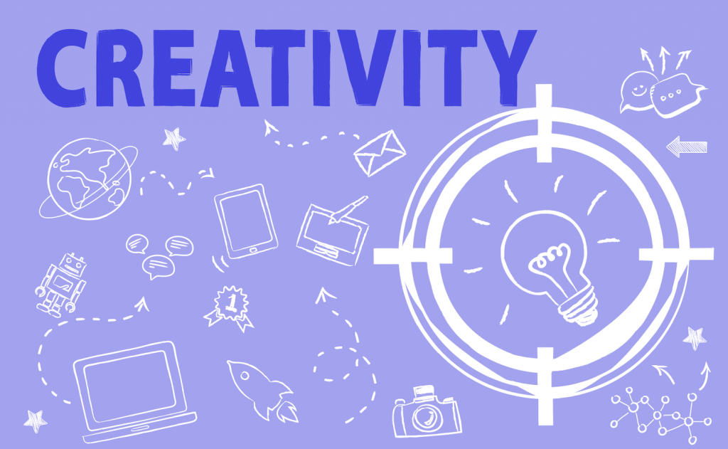 An illustration of the word creativity with a light bulb, PC, rocket, flying mail and chat box