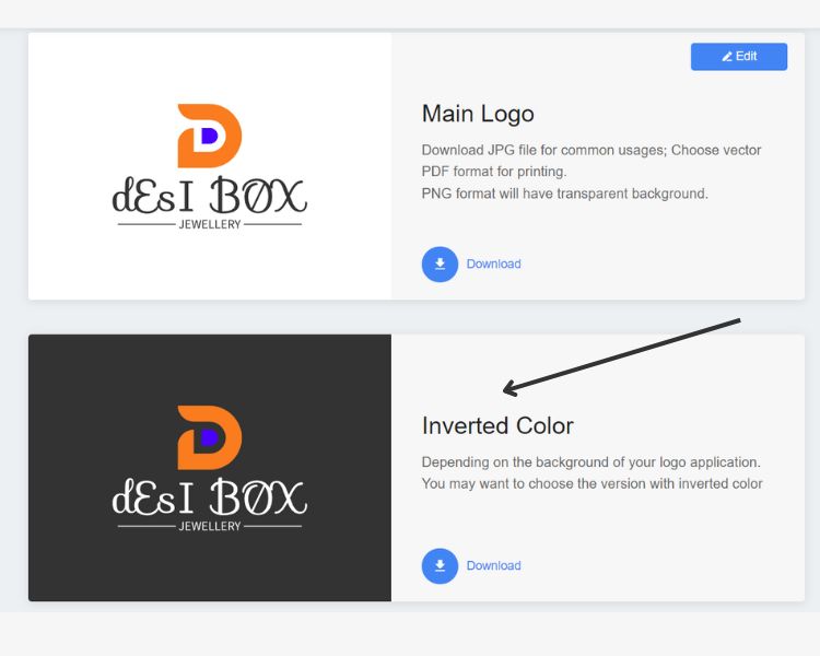 Screenshot of download the Desi Box File Format of Logo with two color options: main and inverted.