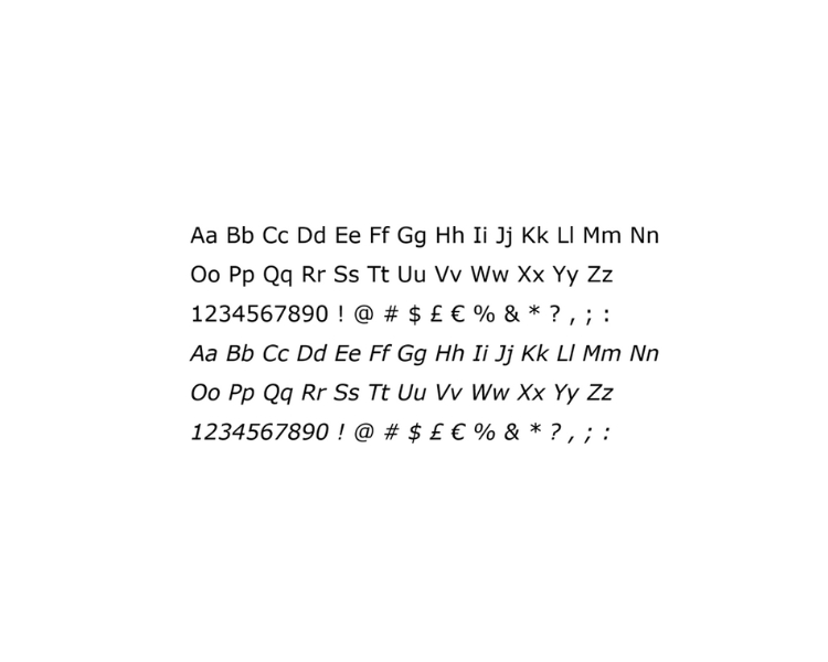 The sample of the Verdana font through the alphabet in upper and lower cases, numbers, and symbols on a white background.