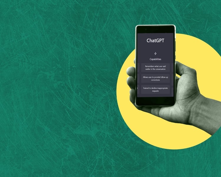 ChatGPT mobile app on a smartphone with the background in macaroon yellow and pine green
