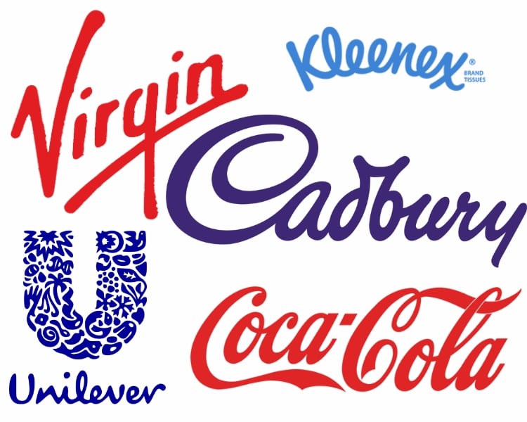 collage of coca cola, cadbury, virgin, unilever, and kleenex brand logo designs.