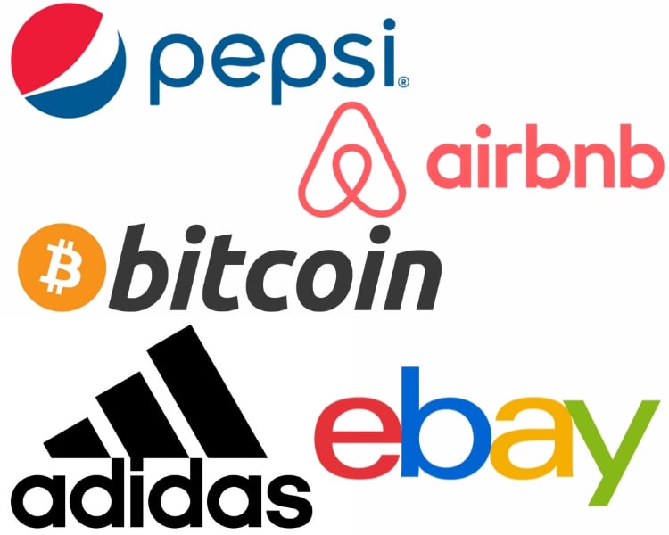 Collage on a white background of five famous brands that use lowercase letters for their logo. 