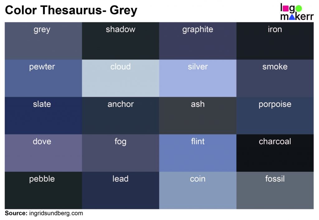 A sample of 20 different shades of grey from the color thesaurus blog of the Ingrid Sundberg website.
