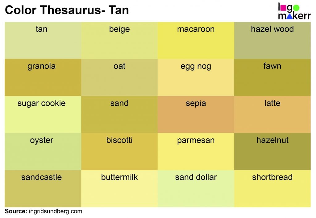 A sample of 20 different shades of tan from the color thesaurus blog of the Ingrid Sundberg website.