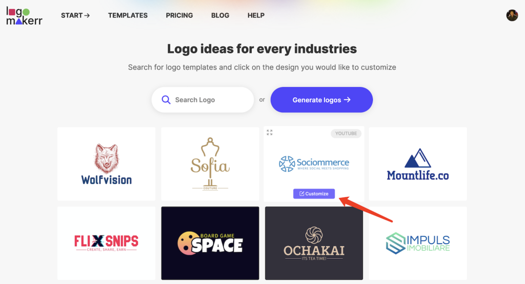 The website logomakerr.ai features a thumbnail view of sample logos on the logo ideas for every industry page.
