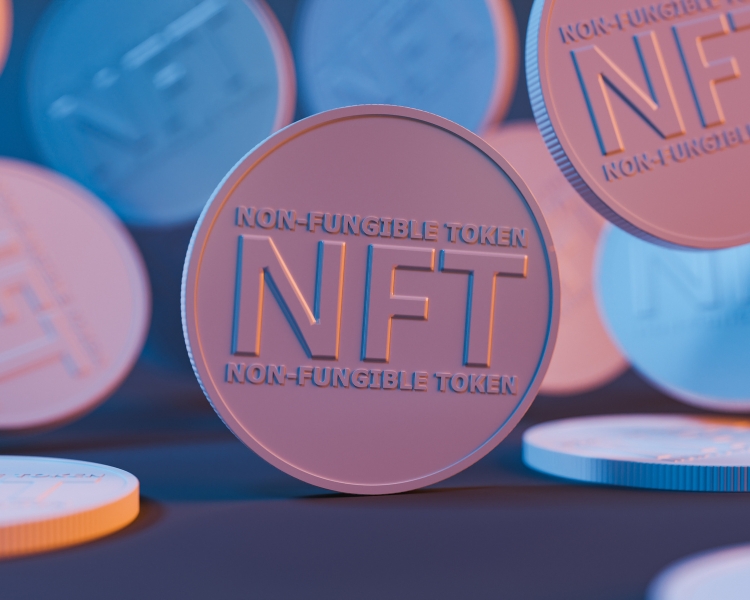 An illustration of pink NFT or non-fungible token coins dropping on a floor.