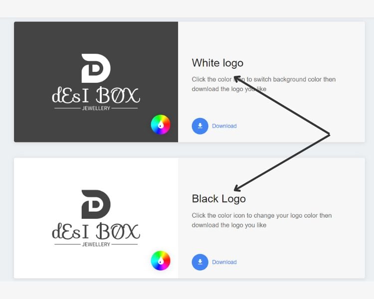 Screenshot of download the Desi Box File Format of Logo with two color options: black and white.