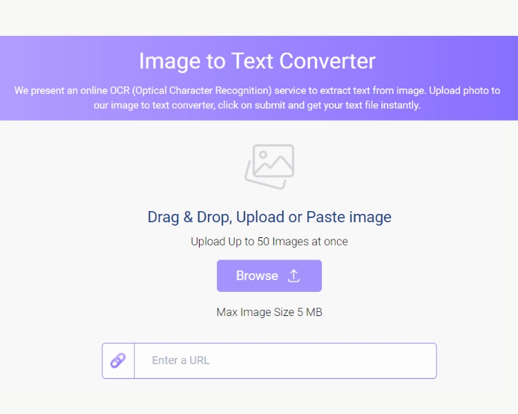 A page from an image-to-text converter website provides various options to upload an image for conversion.