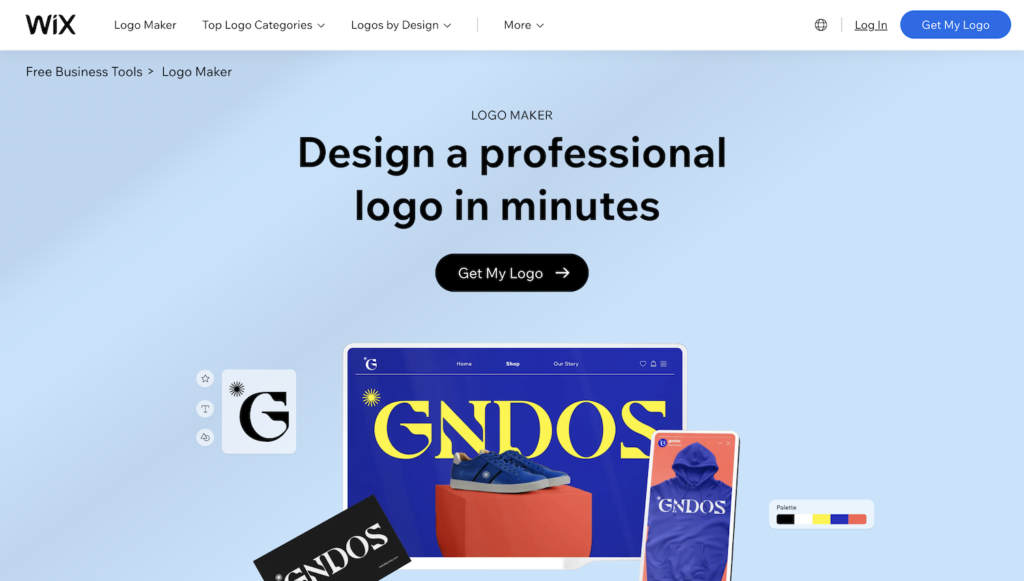 A landing page of an AI logo maker website Wix featuring a logo mockups for a brand called GNDOS