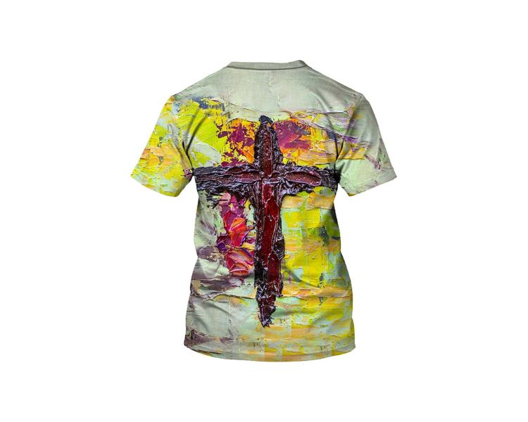 A backside of a shirt with a 3d red colored cross art design.