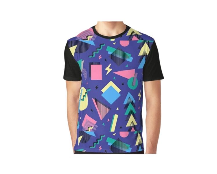A male model is wearing a t-shirt with 90s Geometric Pattern Design with black sleeves.