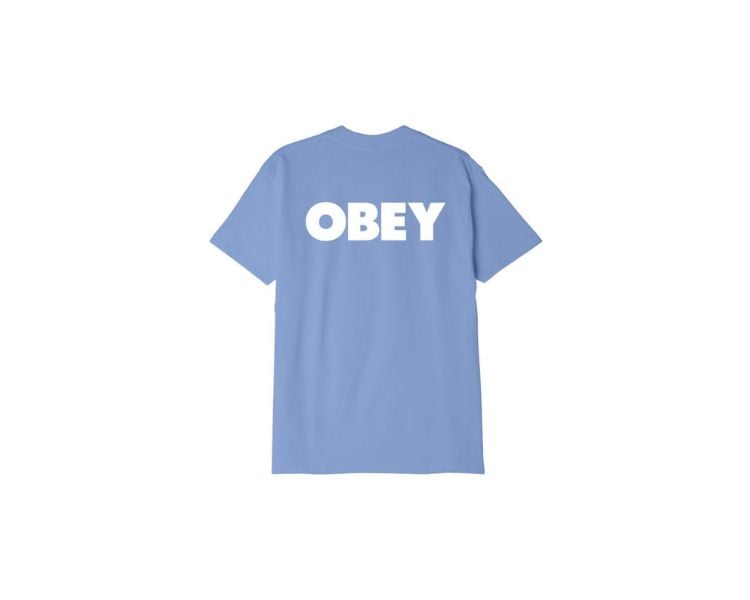 A light blue shirt with a white big bold print of the word "obey" on a white background.