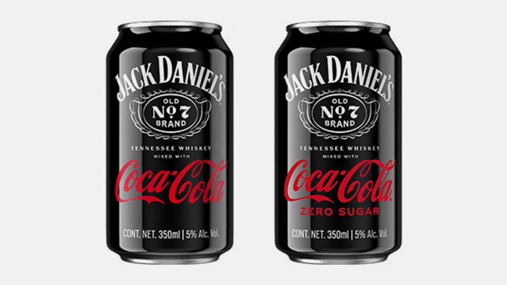 On a white background are two cans of a liquor collaboration of two famous beverage brands, Jack Daniels and Coca-Cola Cola.