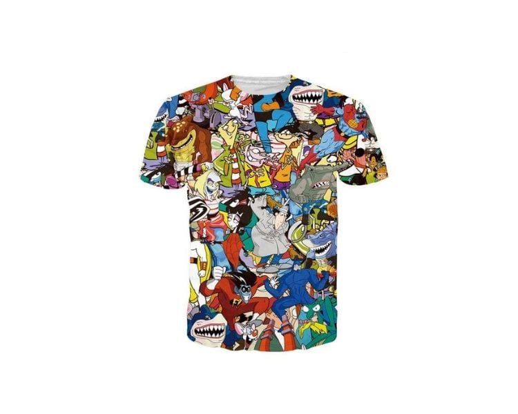 A sample of a shirt featuring a cartoon print with multiple cartoon characters.