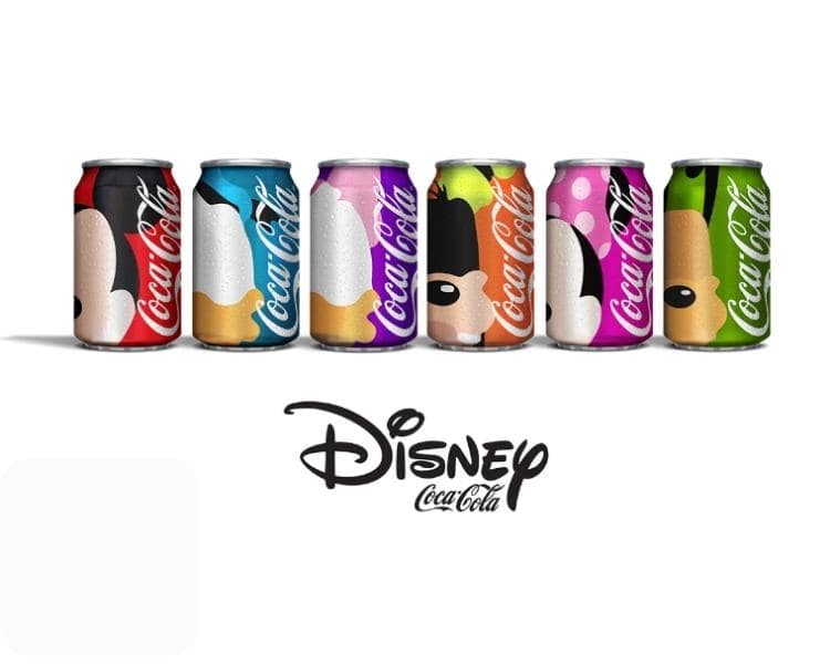 coca-cola and disney cross branding that shows different mickey-mouse characters printed in coca-cola can