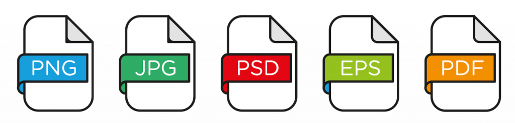 An illustration of different types of file formats in PNG, JPG, PSD, EPS and PDF.