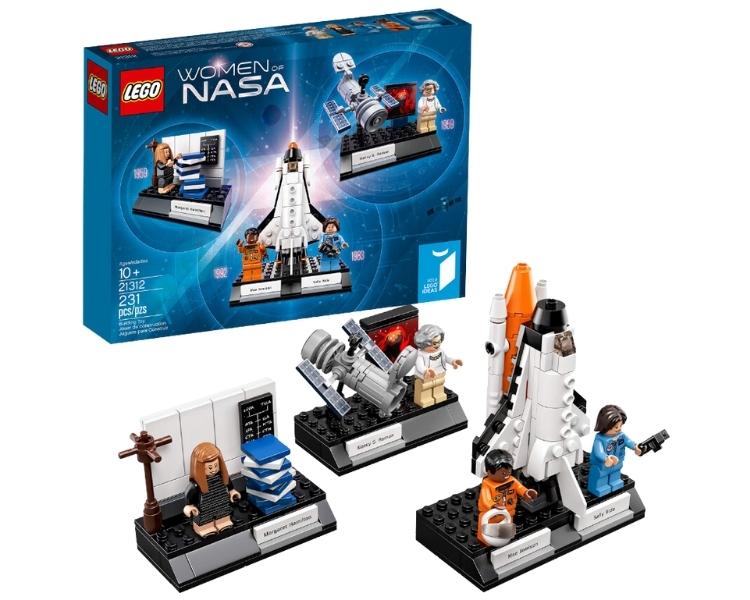 lego and nasa toy that shows the box behind the three toy model in while background