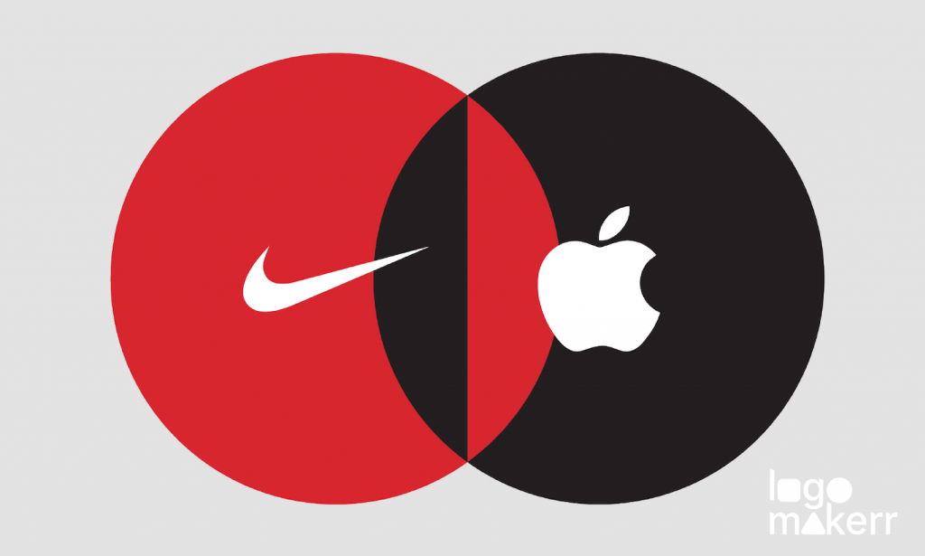 the apple and nike icon placed in venn diagram with red and black background accordingly.