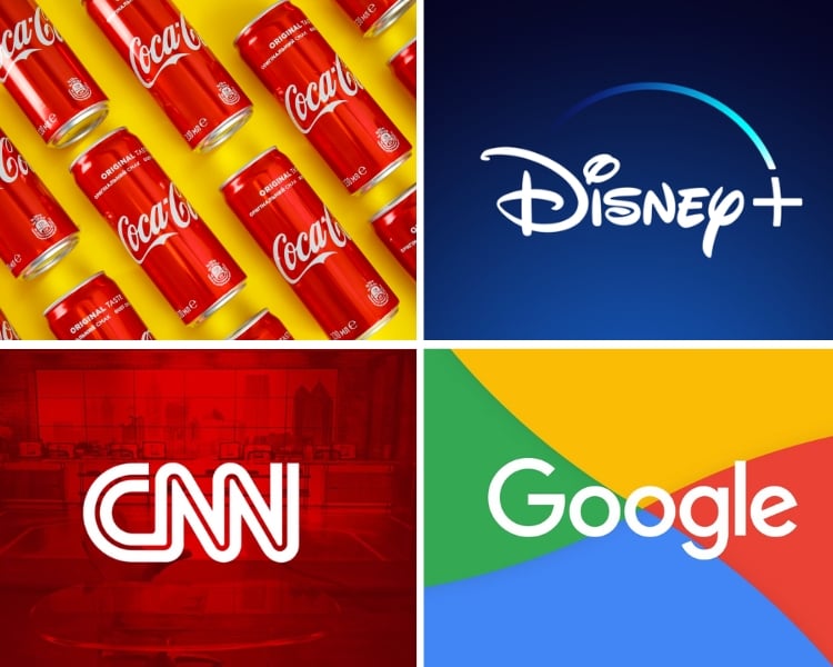 sample collection of brand logo designs like coca-cola, disney, cnn, and google